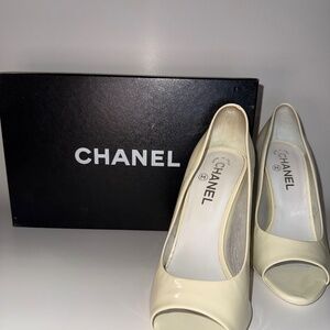 Chanel Ivory Peep Toe Pump with Gunmetal Heel